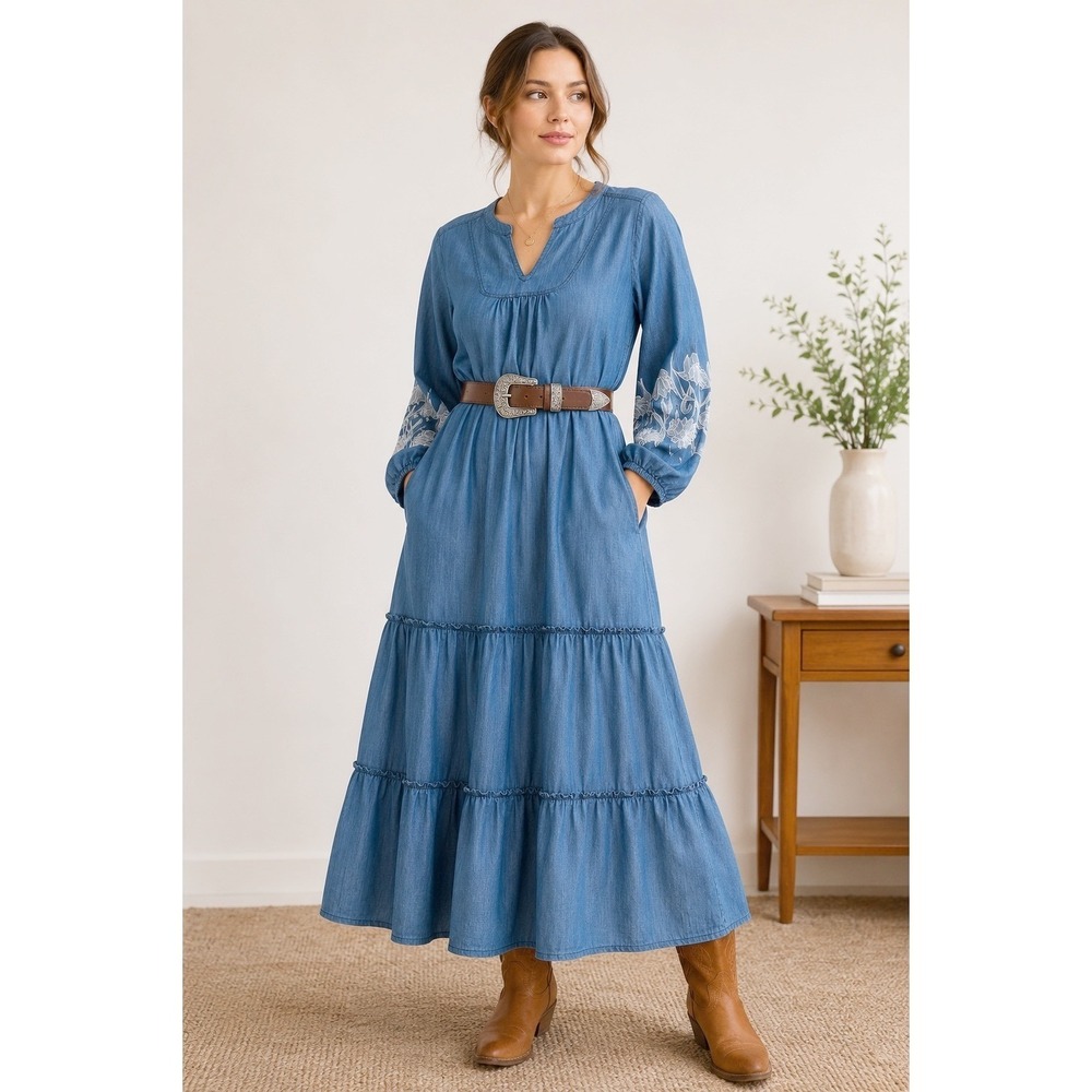 National Geographic Blue Tiered Maxi Dress with Embroidered Sleeves